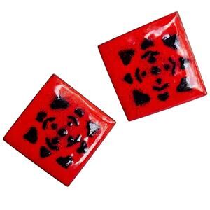 VTG Mid Century Red Enamel Copper Screw Back Earring Modernist Geometric Jewelry